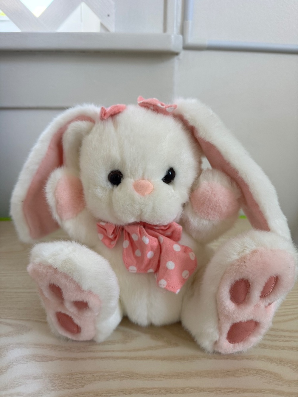 Plush White Rabbit 12" Pink Polka Dot Bows Big Feet Chosun
